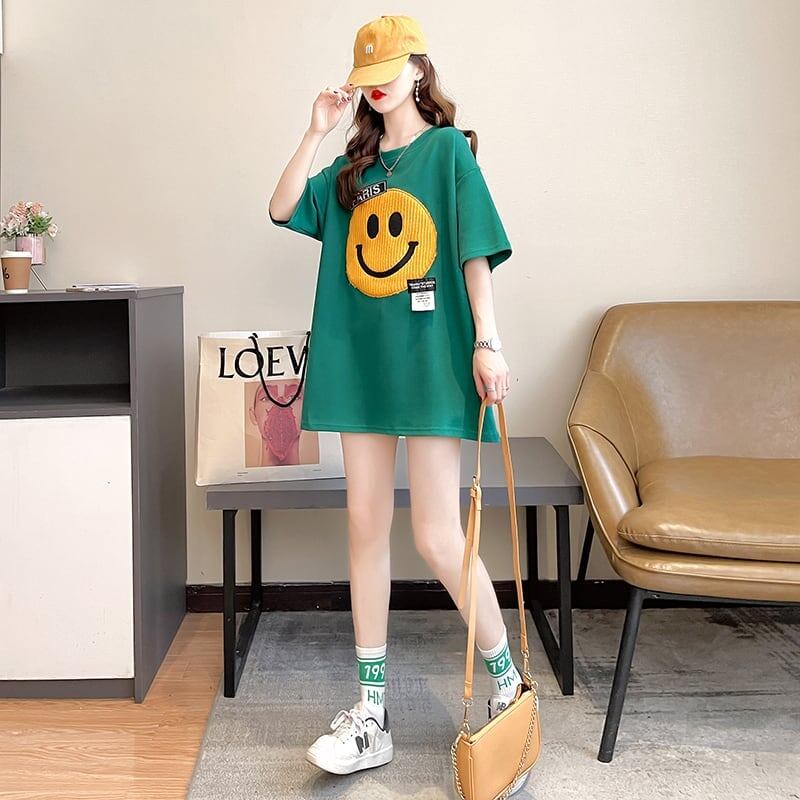 質感のいい ニコちゃん刺繍 スマイル ロング Tシャツ ゆったり半袖 ＜S-2947＞