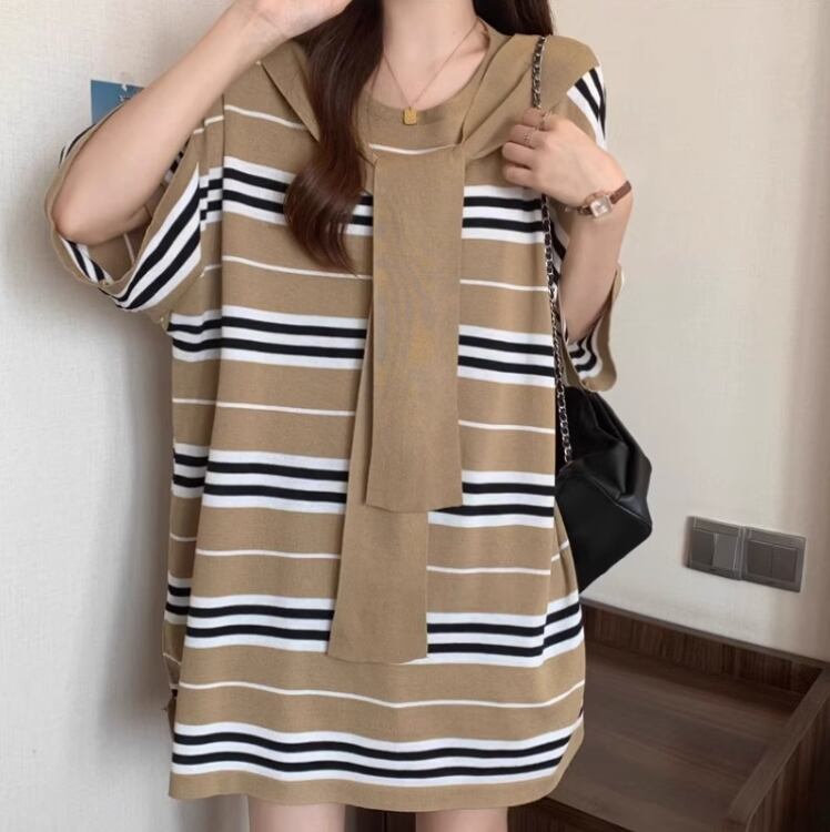 超人気 レイヤード風 カジュアル ストライプ柄 ゆったり 半袖 Tシャツ＜S-8797＞