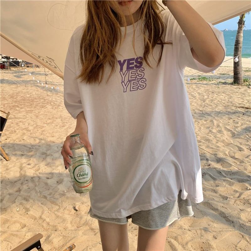 着心地良い プリント アルファベット ロング Tシャツ ゆったり半袖 ＜S-2851＞