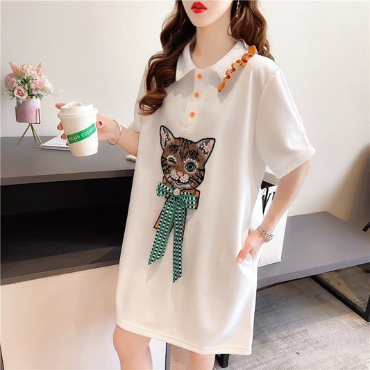 質感のいい POLOネック 猫刺繍 ロング Tシャツ ゆったり半袖 ＜S-2849＞
