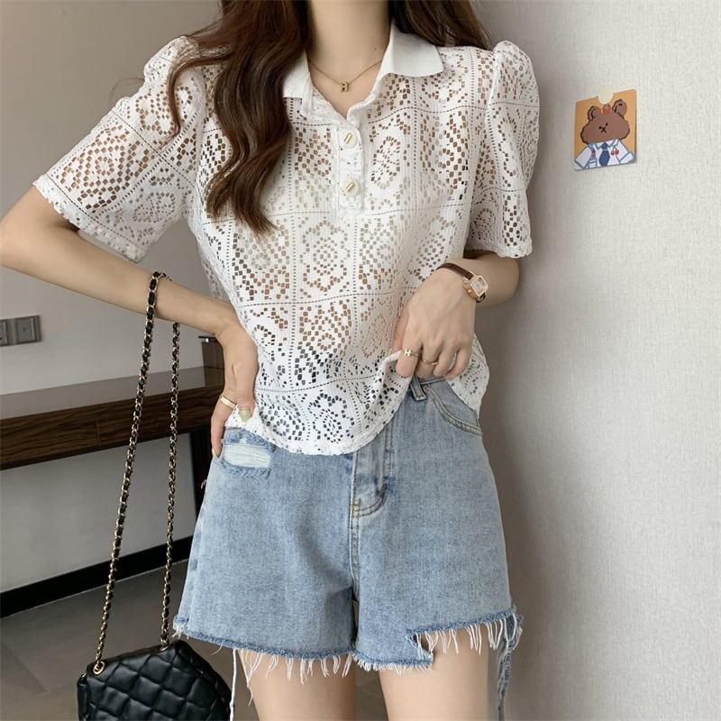 ファッション 透かし彫り 美人度アップ POLOネック Tシャツ カットソー＜S-3234＞