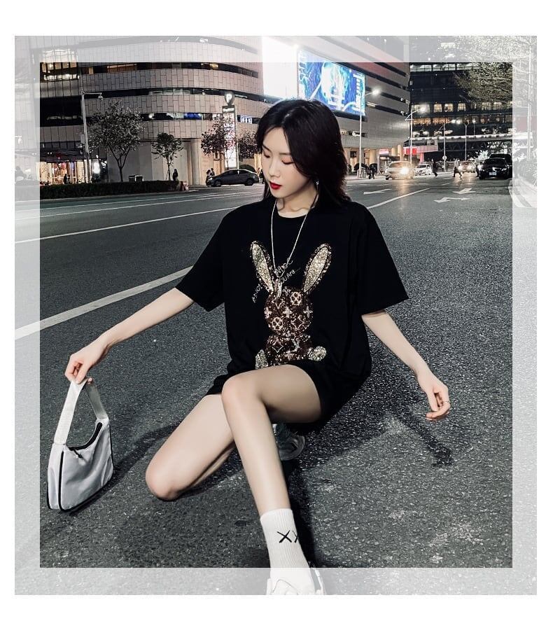 合わせやすい ビジュー ウサギ ロング Tシャツ ゆったり 半袖 ＜S-2887＞