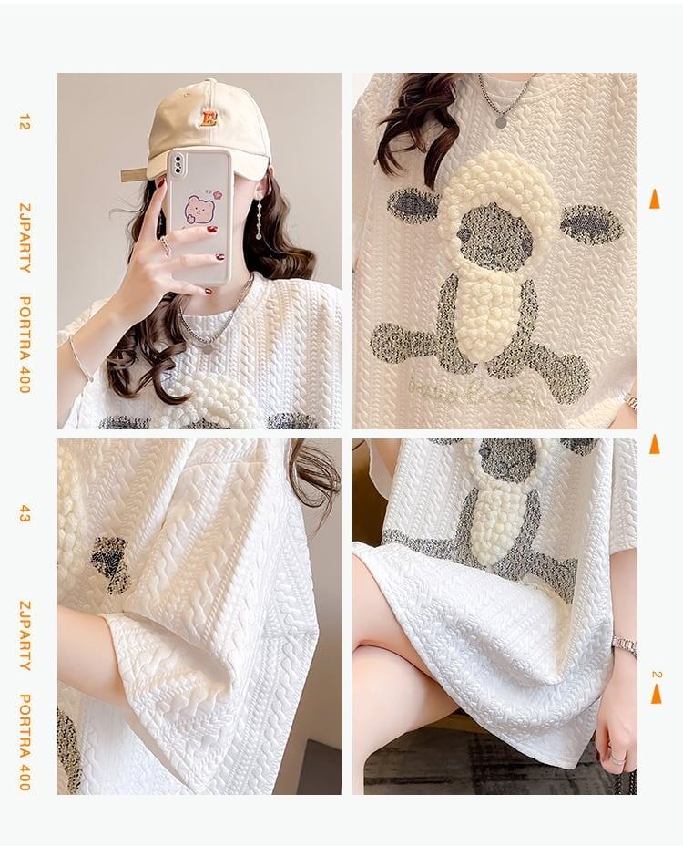 高級立体ハンドビーズコットン半袖Tシャツ<S-2998>