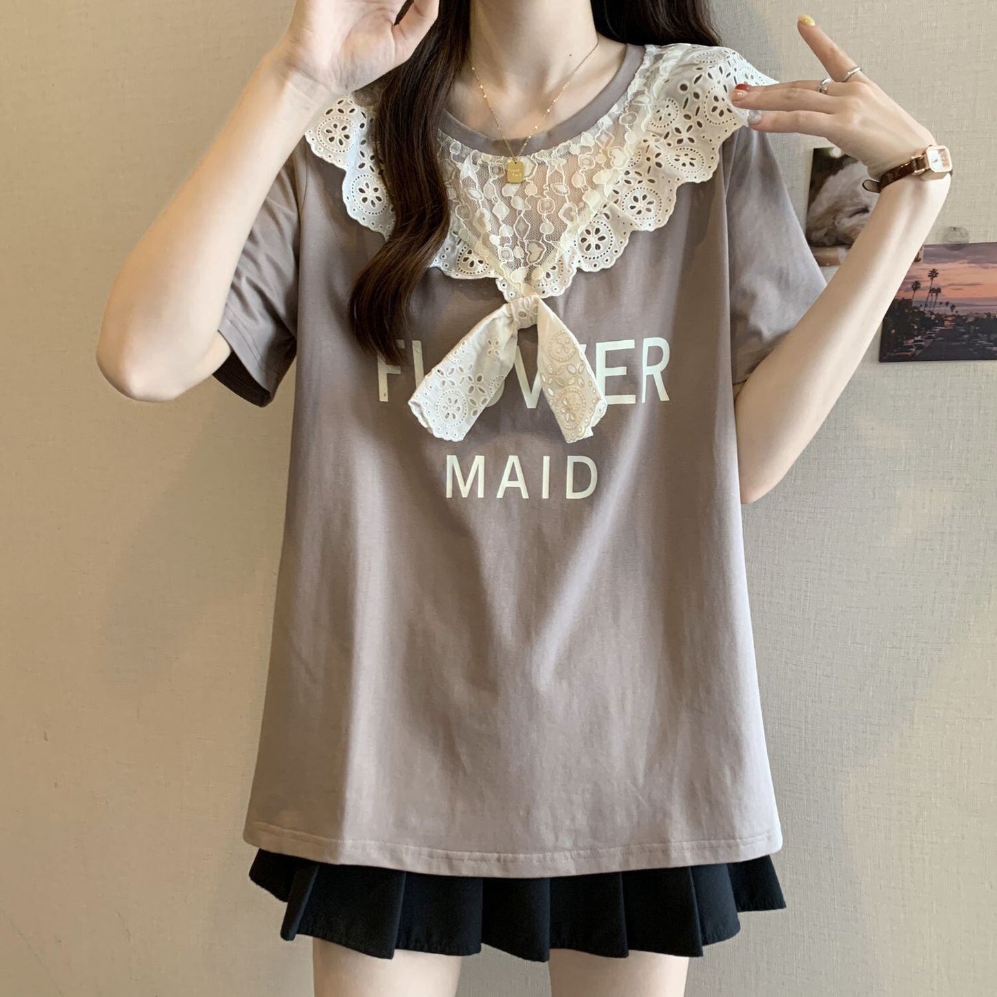 超人気 レース スウィート 切り替え プリント 3色選択 半袖Tシャツ＜S-8825＞