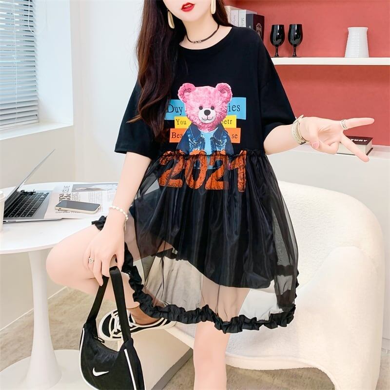 デザインセンスレースステッチフェイクツーピース半袖Tシャツワンピース<S-2964>