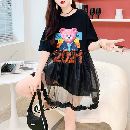 デザインセンスレースステッチフェイクツーピース半袖Tシャツワンピース<S-2964>