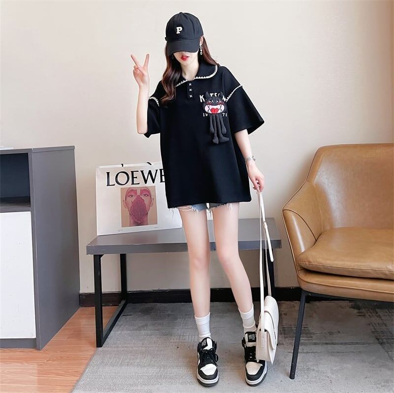 美人度アップ 折り襟 ワッフル ぬいぐるみ付き ロング Tシャツ ゆったり半袖 ＜S-2930＞