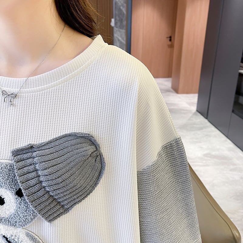 夏新作 カラーマッチング ベアー刺繍 ワッフル ロング Tシャツ ゆったり半袖 ＜S-2850＞