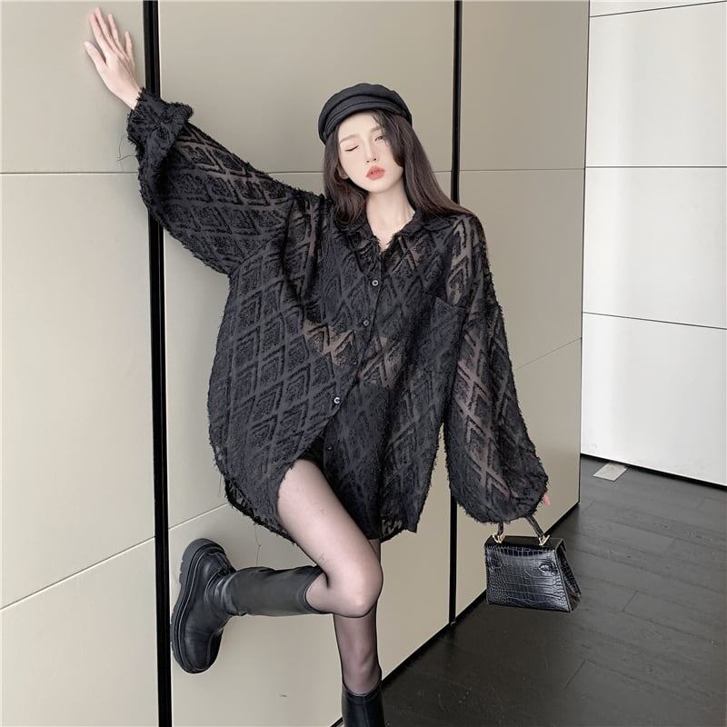 オシャレ度満点 POLOネック 好感度満載 透かし彫り シャツ ブラウス トップス＜S-2776＞