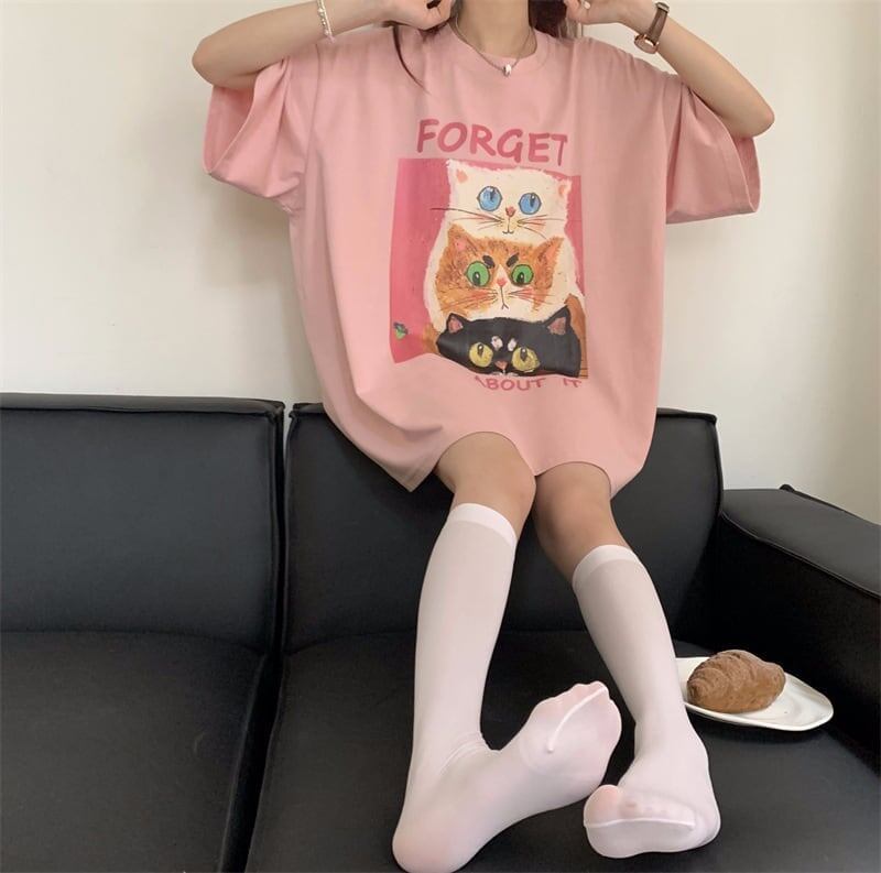 スウィート プリント 可愛いネコちゃん Tシャツ ピンク ゆったり半袖＜S-2973＞