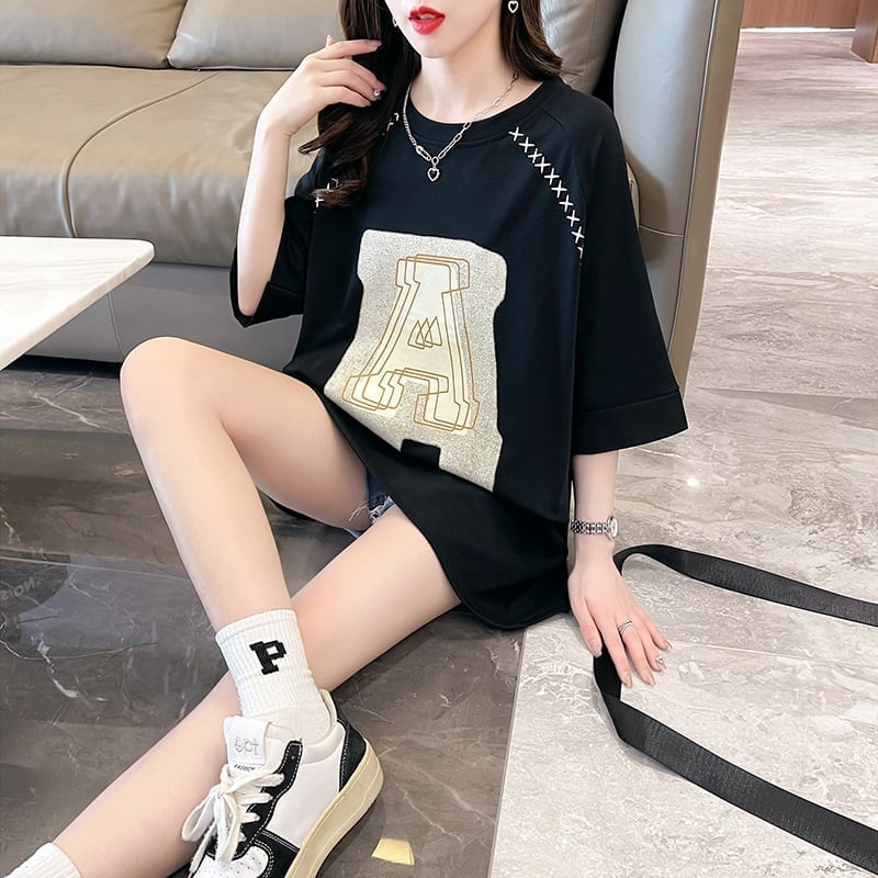 超人気商品 ロング アルファベット プリントTシャツ 三色 ゆったり半袖 ＜S-4019＞