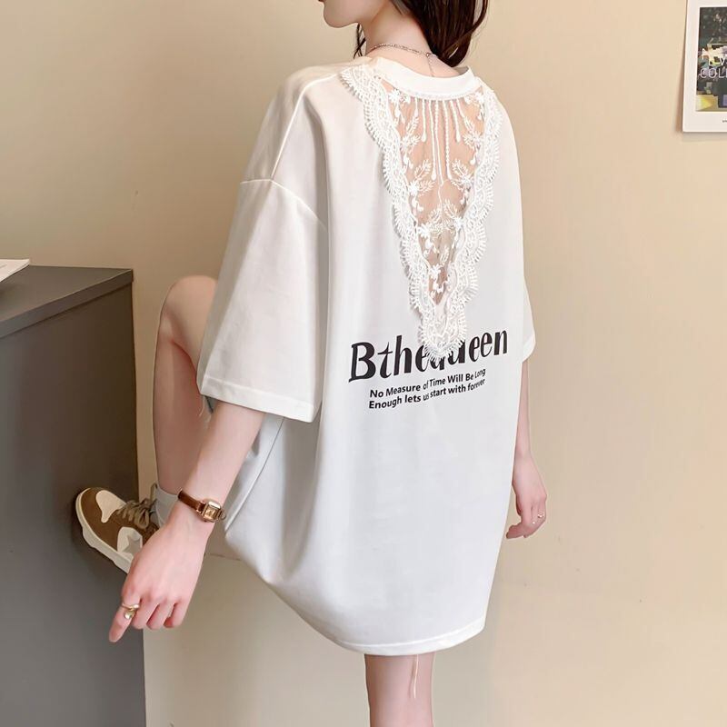話題沸騰中 レース アバンギャルド 切り替え ホットダイヤモンド 3色選択 半袖Tシャツ＜S-8547＞