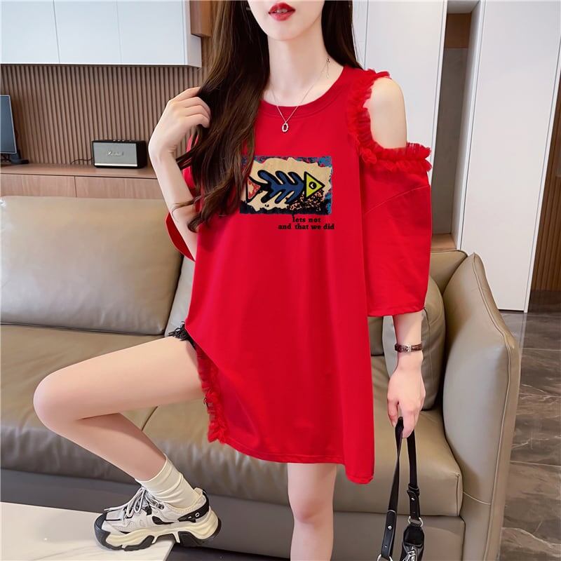 おしゃれ度高め レース 美人度アップ 切り替え プリント全4色 Tシャツ カットソー＜S-9213＞