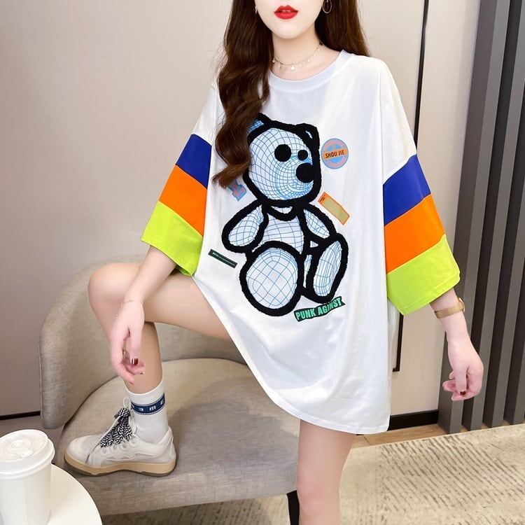 超人気商品 カラーマッチング ベアー柄 切り替え プリント ロング Tシャツ ゆったりワンピース ＜S-4024＞