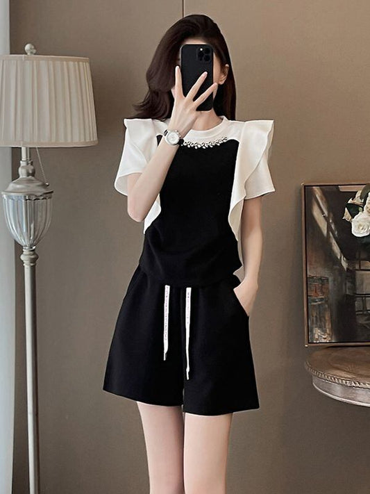 新商品 ホットダイヤモンド 絶対欲しい 切り替え 半袖 Tシャツ ショートパンツ セットアップ<S-8864>