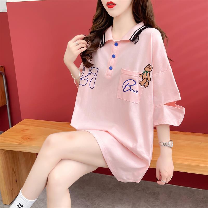 POLOネック ポケット ベアー レース ロング Tシャツ 三色 ゆったりワンピース＜S-3991＞