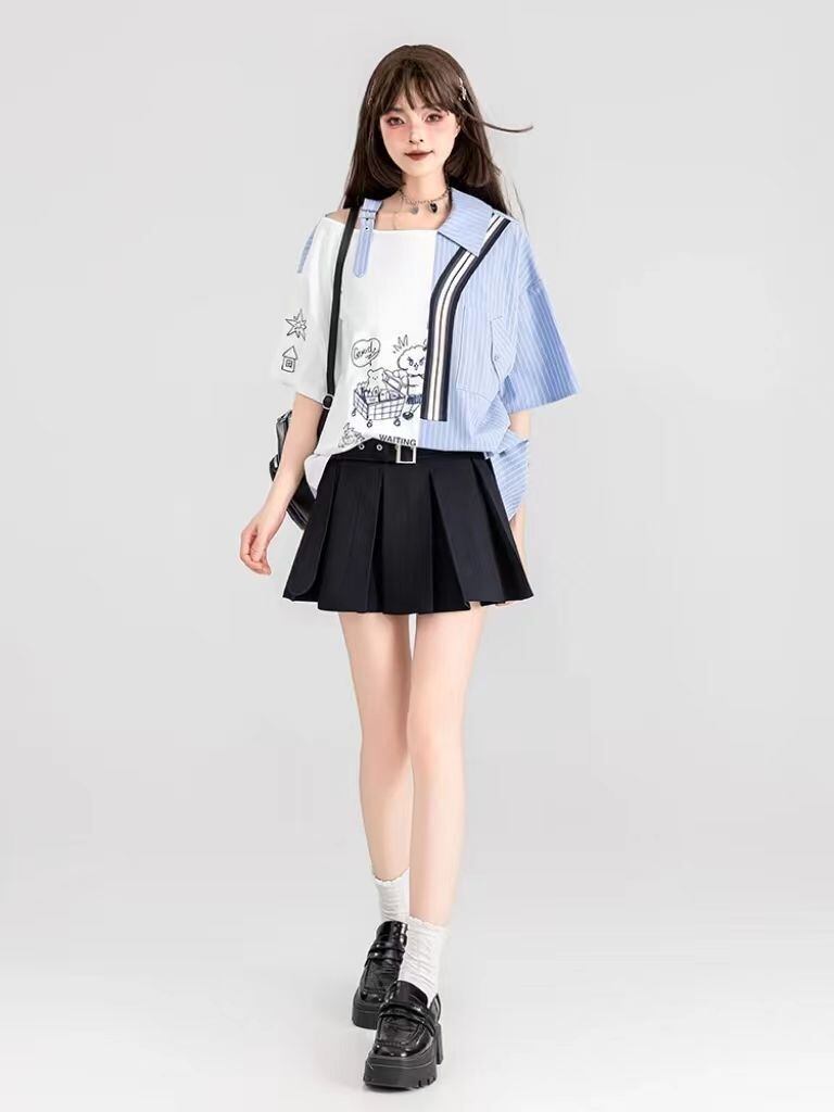 話題沸騰中 キュートストライプ柄 ファッション 切り替え 半袖Tシャツ＜S-8695＞