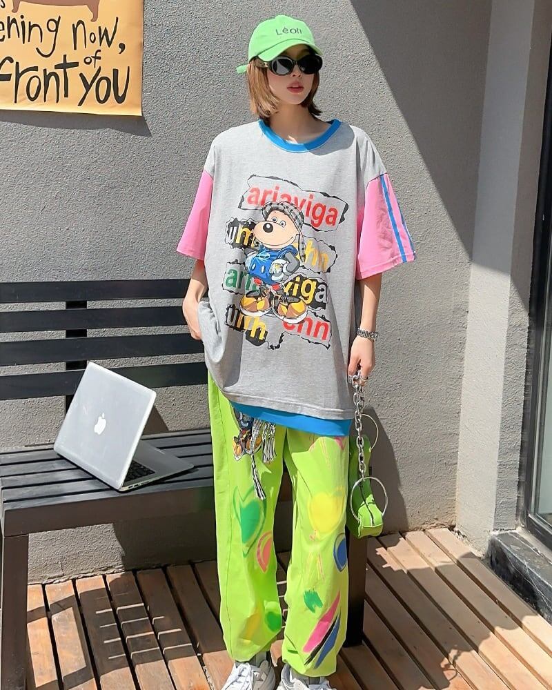 話題沸騰中 ゆったり カジュアル プリント カラーマッチング 半袖Tシャツ＜S-8067＞