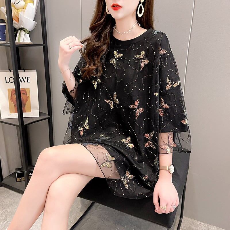 イントレンディなメッシュフェイクツーピースバタフライTシャツルーズトップ<S-2858>