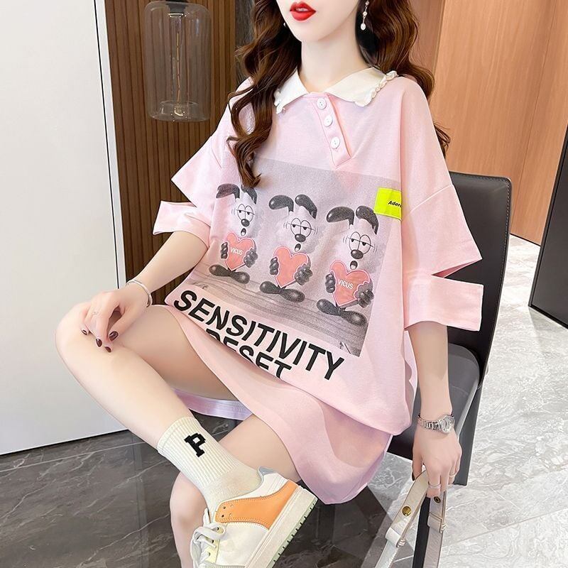 夏新作 アルファベットプリント POLOネック ロング Tシャツ ゆったりワンピース ＜S-3038＞
