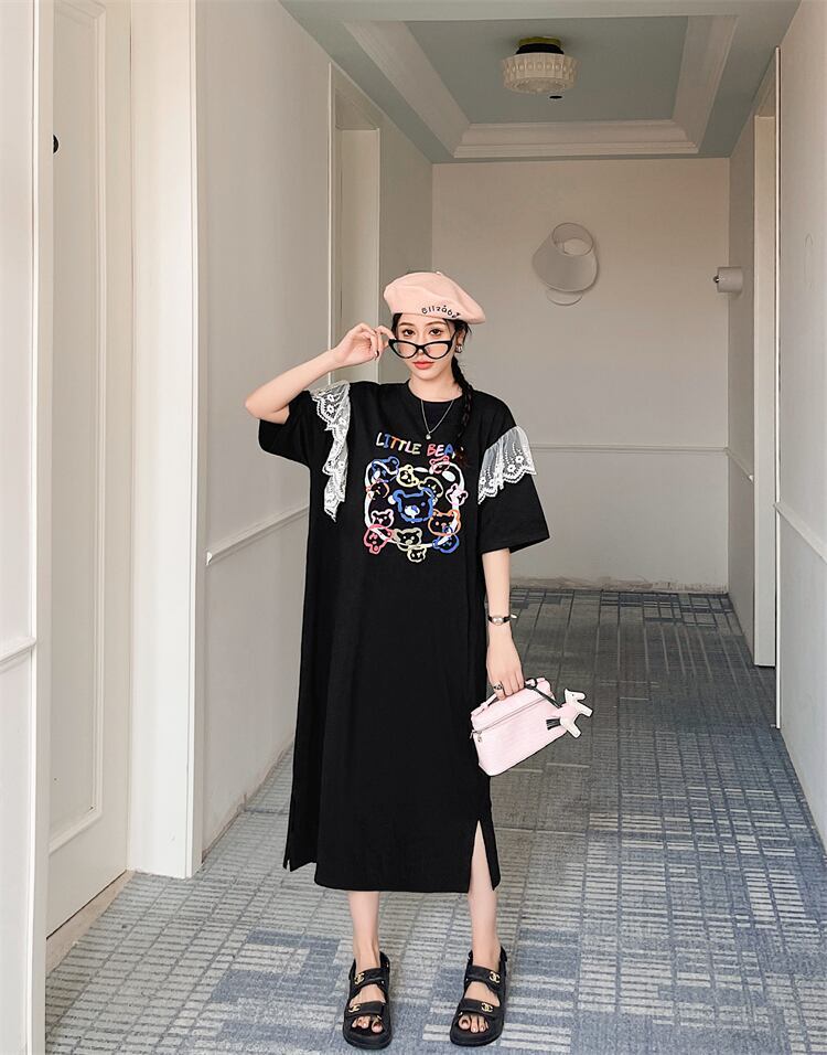 おすすめ レース ファッション 切り替え プリント Tシャツ カットソー ワンピース＜S-8535＞