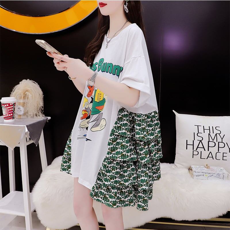 デザイン感 プリント チャーミング Tシャツ カットソー ワンピース＜S-3508＞