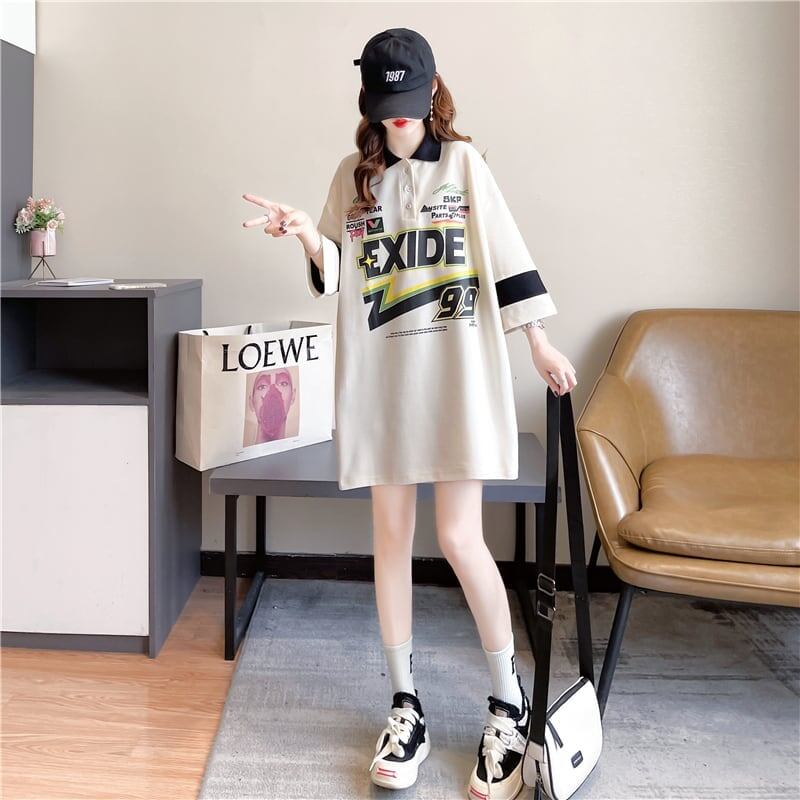 質感のいい ロング POLOネック プリントTシャツ ゆったり半袖 ＜S-2928＞