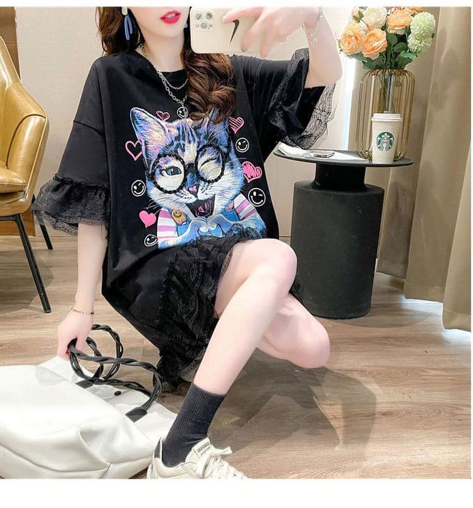 話題沸騰中 ゆったり キュート ロング丈 切り替え 2色半袖Tシャツ＜S-8133＞