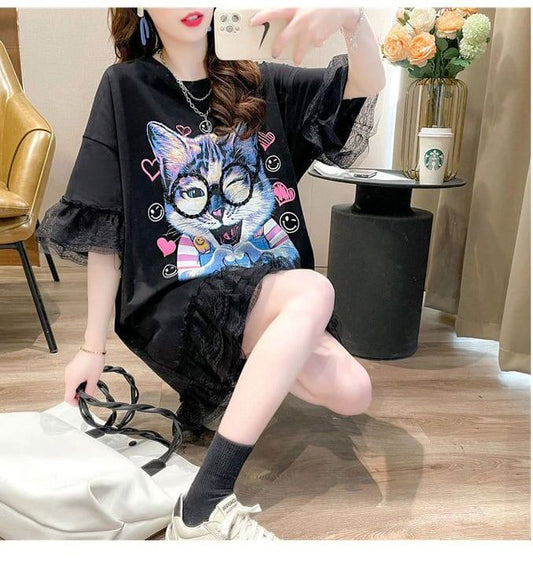 話題沸騰中 ゆったり キュート ロング丈 切り替え 2色半袖Tシャツ＜S-8133＞