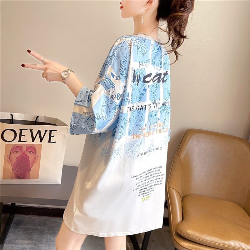 【半額！期間限定！！】大好評 プリント 猫柄 ロング Tシャツ 四色 ゆったりワンピース ＜S-4017＞