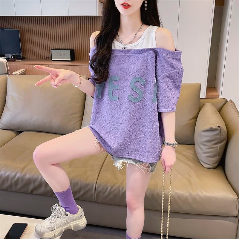 新商品 ゆったり カジュアル プリント オープンショルダー 2色 半袖Tシャツ＜S-8282＞