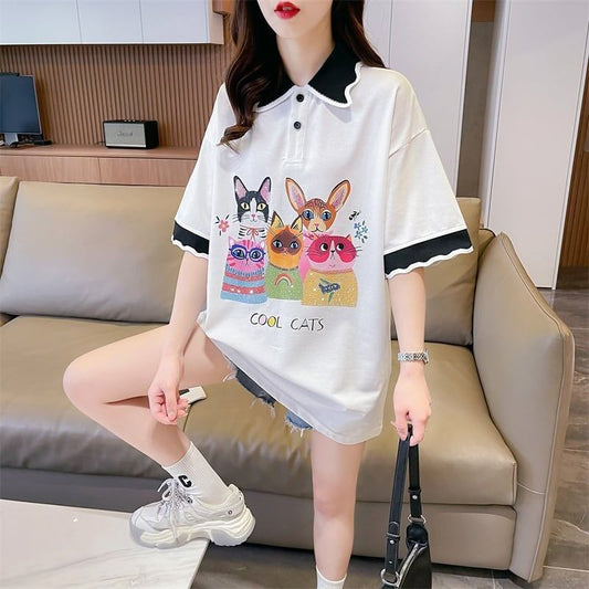 デザインセンスゆったりプリントトップラペルTシャツポロシャツ<S-2898>