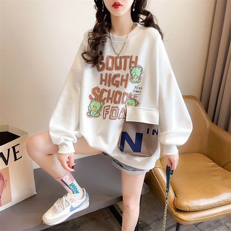 デザインされたビッグポケット漫画長袖Tシャツ<S-5118>