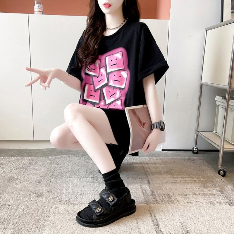 オシャレ度満点 ラウンドネック カジュアル プリント Tシャツ カットソー＜S-3064＞