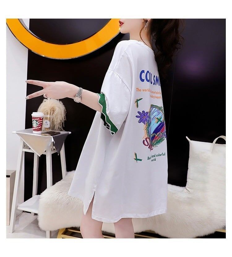 アルファベット プリント ドロップショルダー ロングTシャツ ゆったり＜S-2888＞