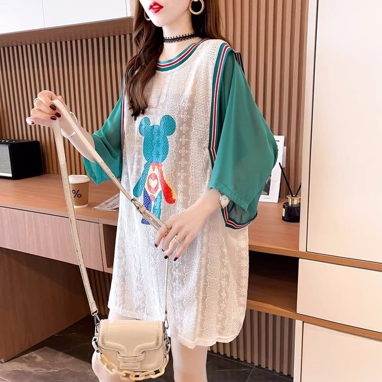 夏新作 レース ベアー カラーマッチング ロングTシャツ ゆったり5分袖 ＜S-2942＞