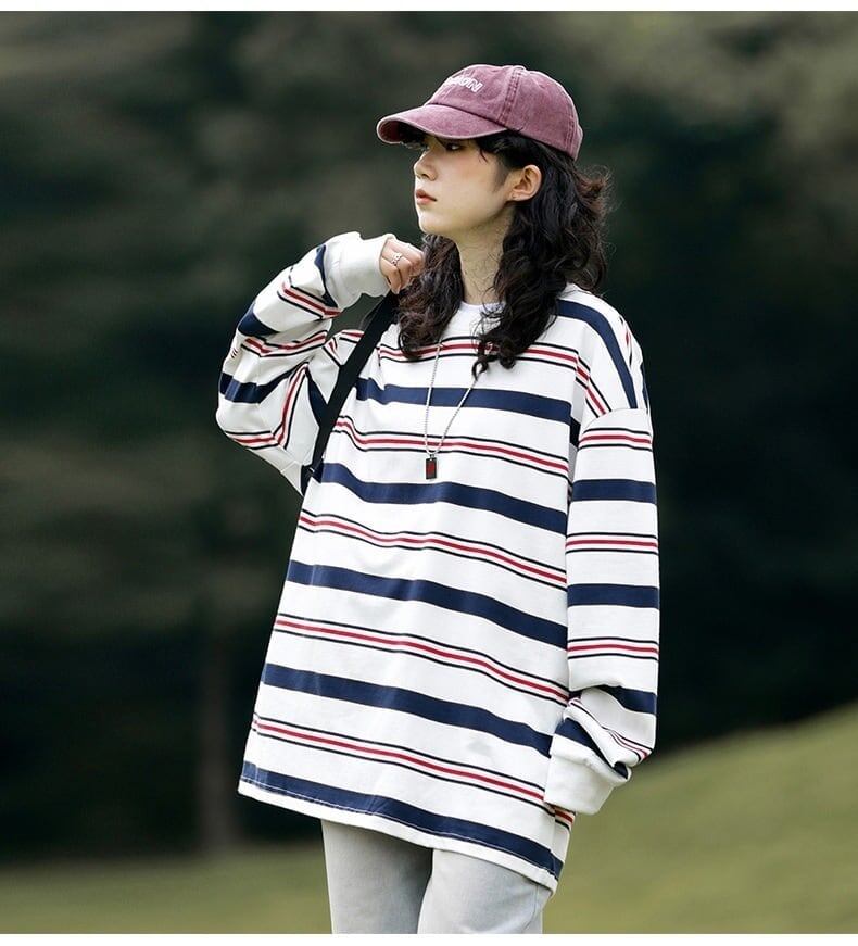 おすすめ 二色 ストライプ柄切り替え 長袖Ｔシャツ トップス＜S-4129＞