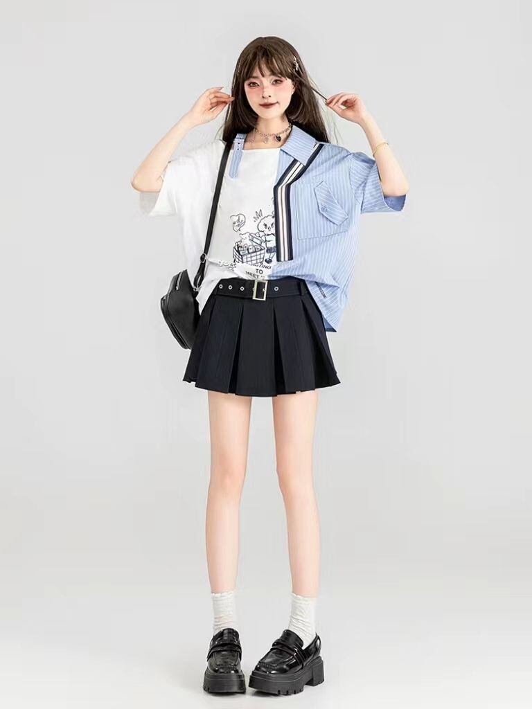 話題沸騰中 キュートストライプ柄 ファッション 切り替え 半袖Tシャツ＜S-8695＞