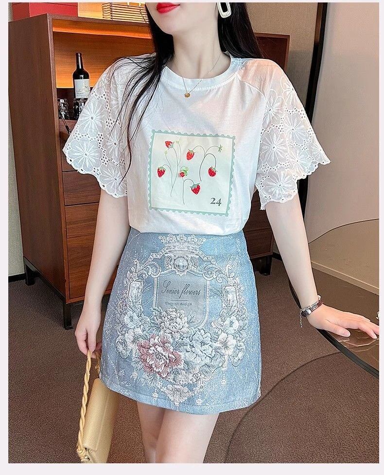 大好評 レース 上質 刺繍 切り替え 全2色 半袖Tシャツ＜S-8869＞