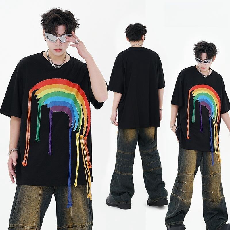好感度UP 虹ロゴ タッセル ゆったり Tシャツ 全2色 ユニセックス半袖<S-4863>