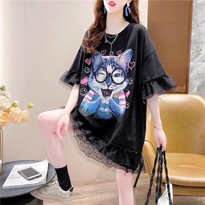 話題沸騰中 ゆったり キュート ロング丈 切り替え 2色半袖Tシャツ＜S-8133＞