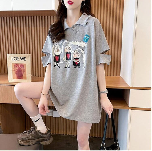 美人度アップ 折り襟 可愛いウサギちゃん プリントロング Tシャツ ゆったり半袖 ＜S-2956＞