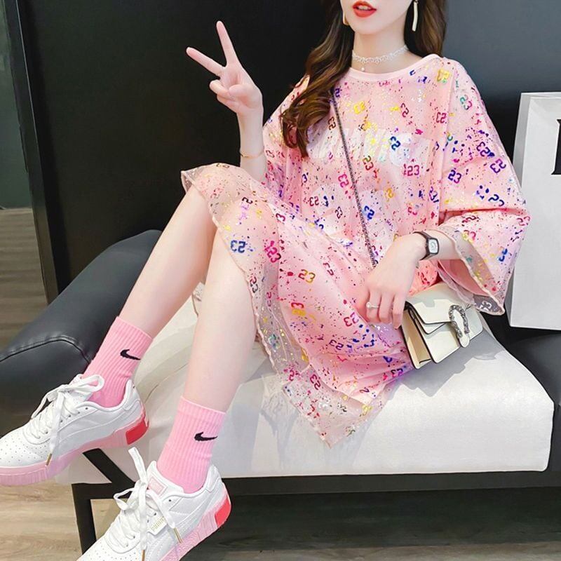 新作 チュール レイヤード風 ロゴ プリント ゆったり 半袖 Ｔシャツ 全2色<S-4967>