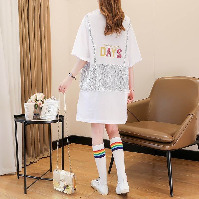 おすすめ アルファベット スパンコール プリントTシャツ ゆったりワンピース＜S-2993＞