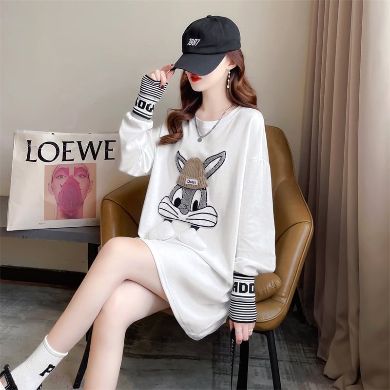 【秋の初めの割引！！】美人度アップ トップス ウサギちゃん 二色 長袖Tシャツ ＜S-4007＞