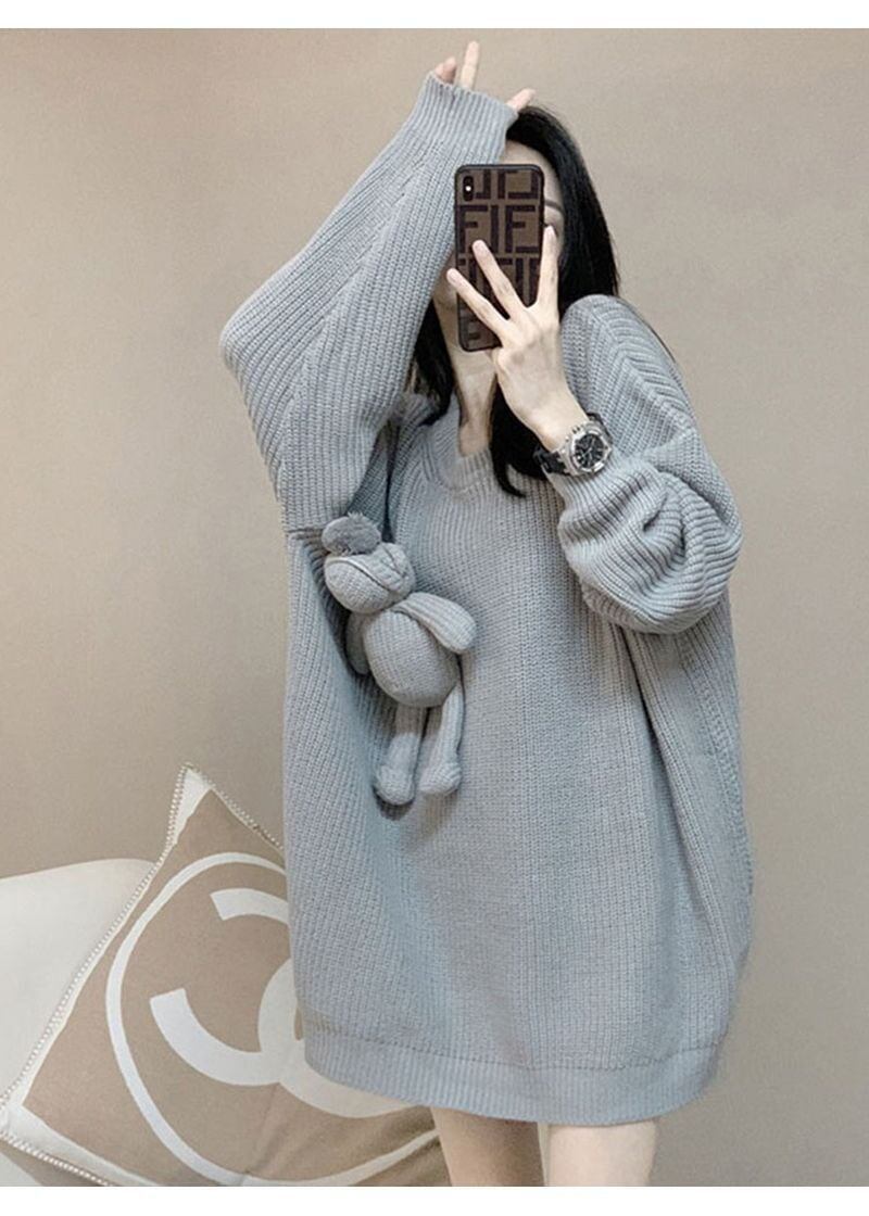 気質満点ぬいぐるみ付きグレーゆったりニットセーター＜S-4659＞