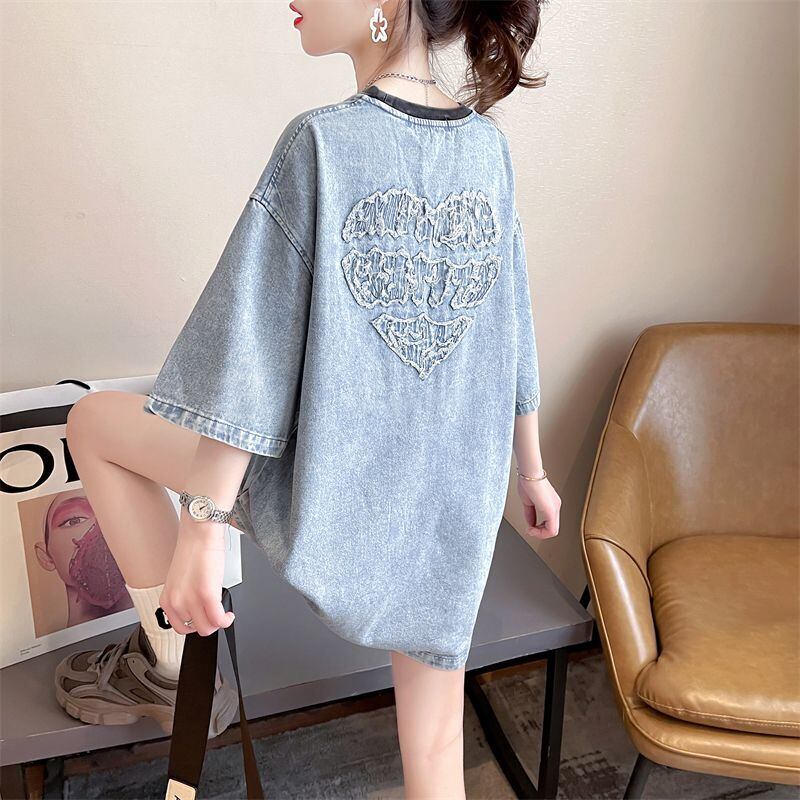 人気商品再入荷 アバンギャルド 着回し力抜群 ルーズ デニム 半袖Tシャツ<S-8804>