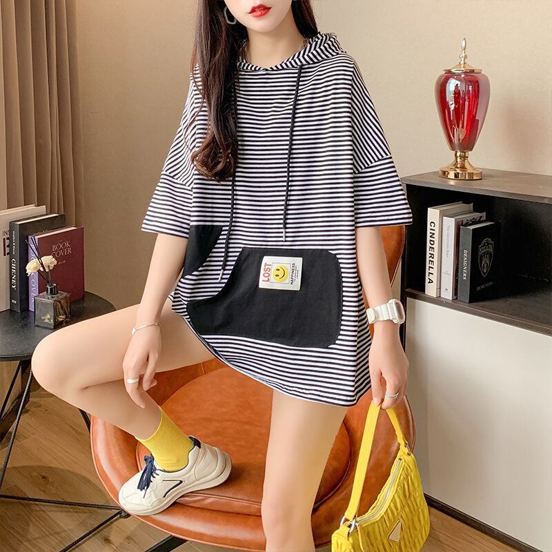 スタイルアップ効果抜群 ストライプ柄 アバンギャルド 切り替え レース プリント全2色 半袖Tシャツ<S-9111>