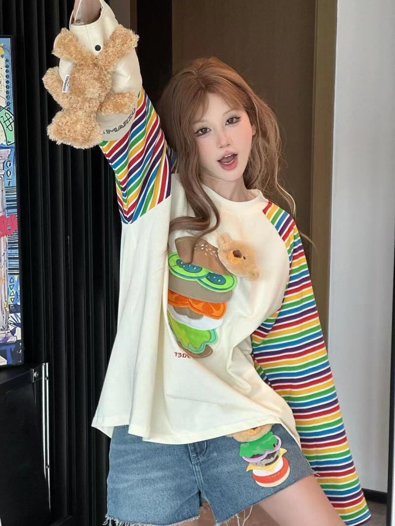 都市ファッショ デザイン オシャレ 大人可愛い 着心地良い プリント ストライプ柄 半袖Tシャツ<S-9332>