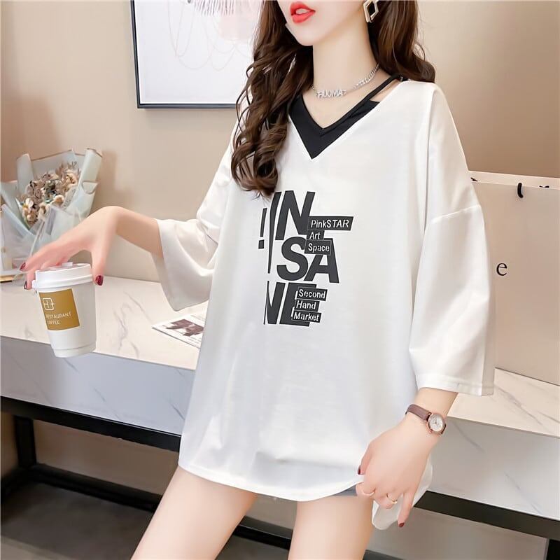 売れ筋 アルファベット Vネック フェイクレイヤード ゆったり 着?せ 半袖 Tシャツ ＜S-2005＞